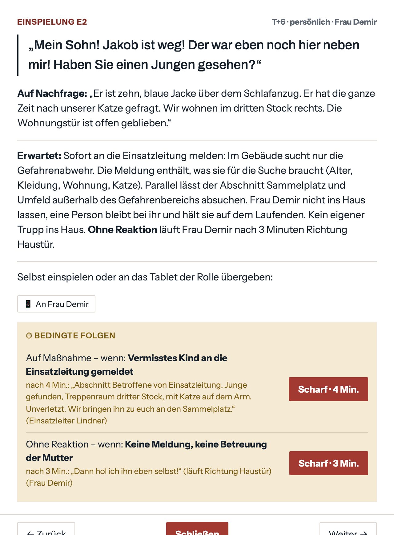 Einspielkarte mit bedingter Folge und der Möglichkeit, die Einspielung an das Tablet einer Rolle zu übergeben