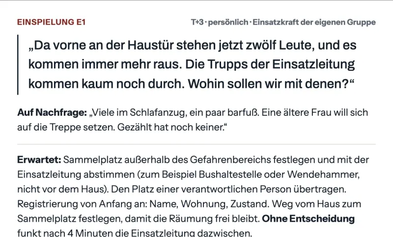 Einspielkarte mit Vorlesetext, Antwort auf Nachfrage und dem erwarteten Verhalten der Gruppe