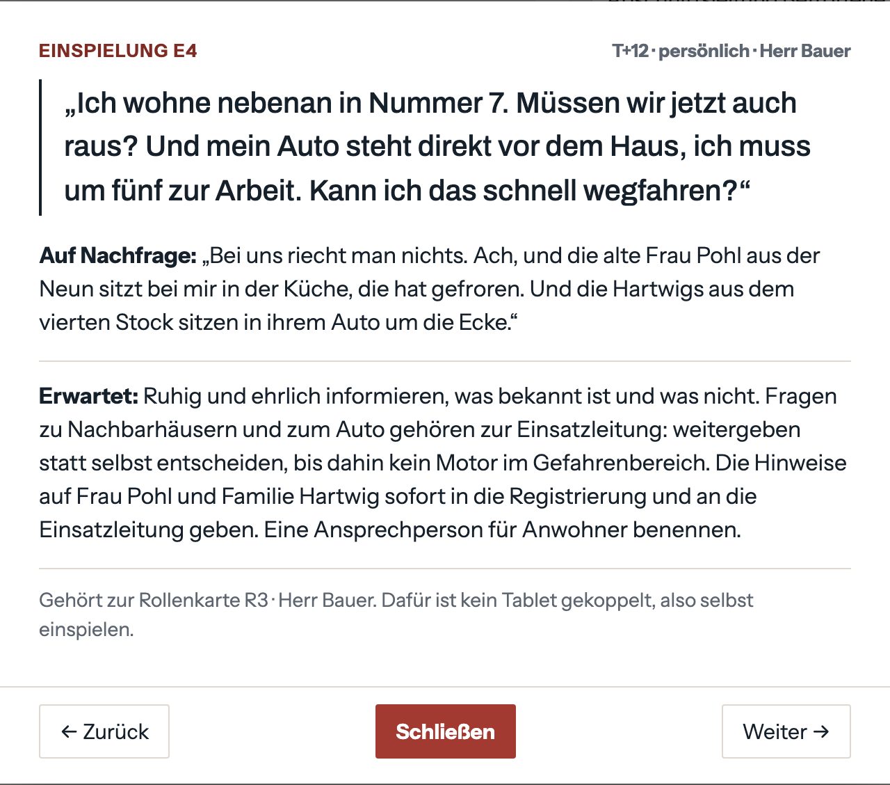 Einspielkarte mit Vorlesetext, Antwort auf Nachfrage und dem erwarteten Verhalten der Gruppe