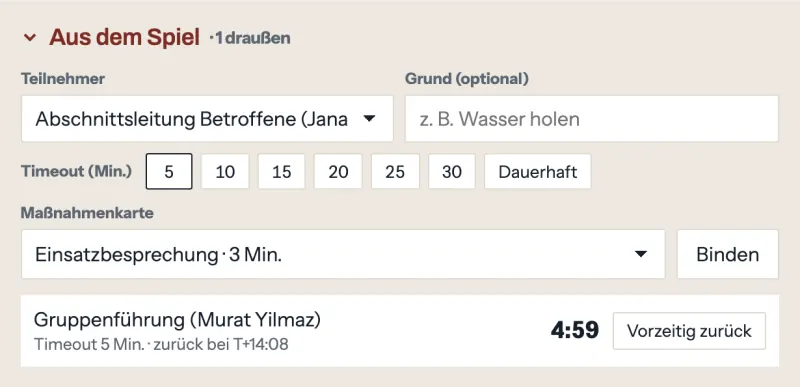 Bereich Aus dem Spiel mit Timeout-Knöpfen, Maßnahmenkarte und einer Person, die für fünf Minuten draußen ist
