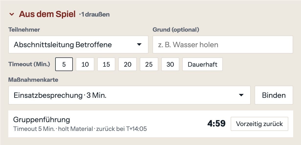 Bereich Aus dem Spiel mit Timeout-Knöpfen, Maßnahmenkarte und einer Person, die für fünf Minuten draußen ist