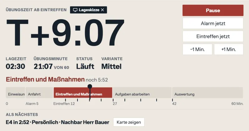 Übungsuhr mit T-Zeit, Lagezeit, Status, Variante, der Zeitleiste der Phasen und der nächsten Einspielung