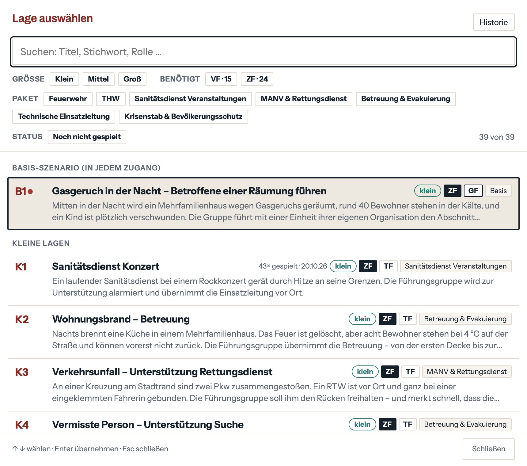 Auswahl der Lage mit Suche, Filtern nach Größe, Führungsstufe und Paket, und der Zahl, wie oft eine Lage schon gespielt wurde