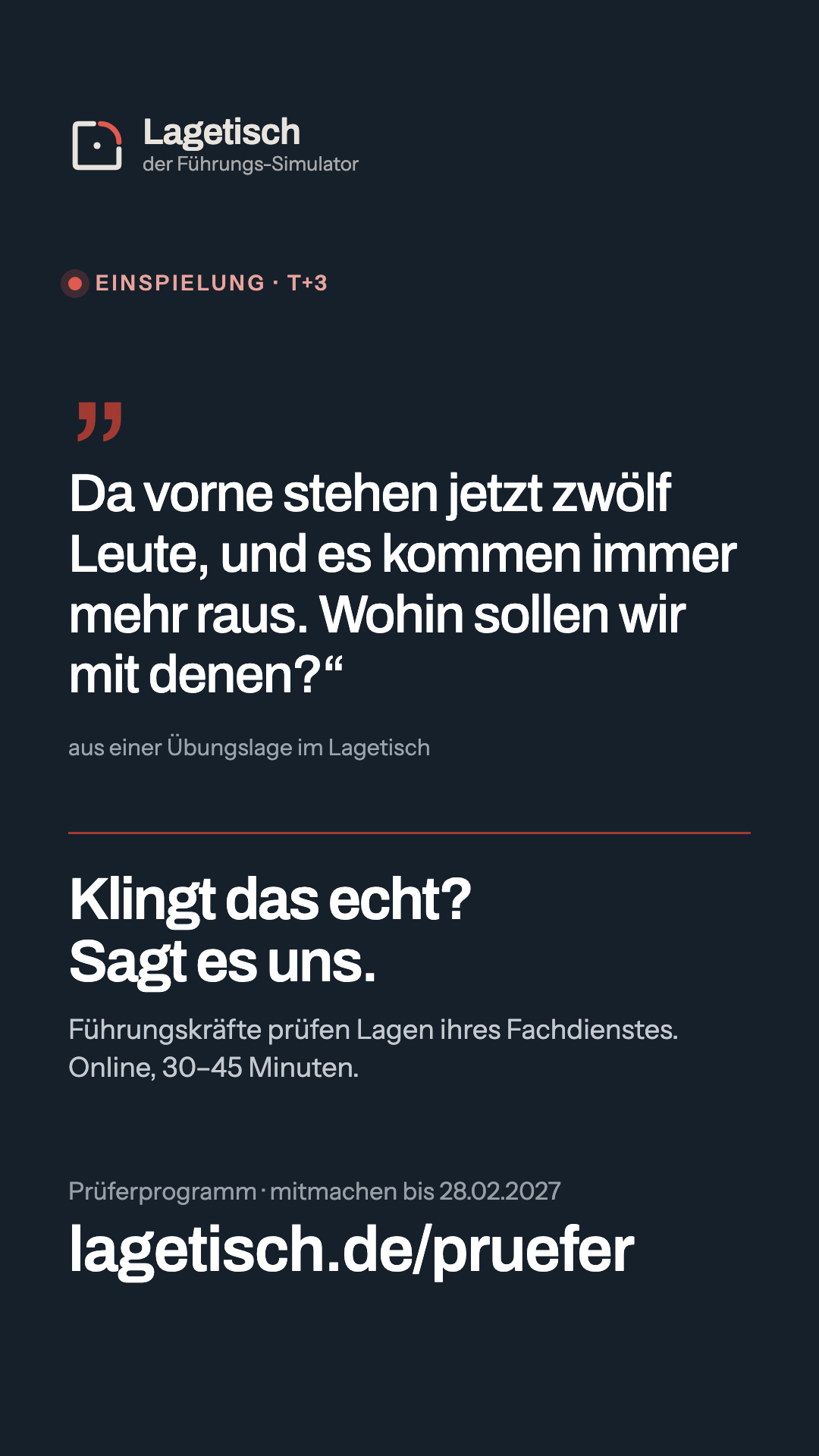 Bild zum Teilen: Funkspruch aus einer Übungslage: „Da vorne stehen jetzt zwölf Leute, und es kommen immer mehr raus. Wohin sollen wir mit denen?“ Klingt das echt? Sagt es uns. lagetisch.de/pruefer
