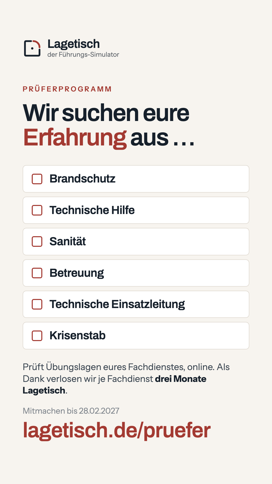 Bild zum Teilen: Wir suchen eure Erfahrung aus Brandschutz, Technischer Hilfe, Sanität, Betreuung, Technischer Einsatzleitung und Krisenstab. Je Fachdienst drei Monate Lagetisch zu gewinnen. lagetisch.de/pruefer