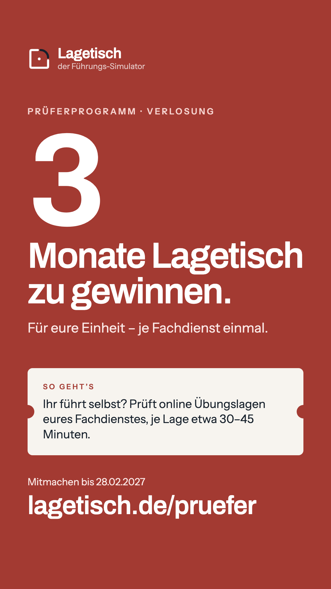 Bild zum Teilen: 3 Monate Lagetisch zu gewinnen, für eure Einheit, je Fachdienst einmal. Ihr führt selbst? Prüft online Übungslagen eures Fachdienstes. lagetisch.de/pruefer